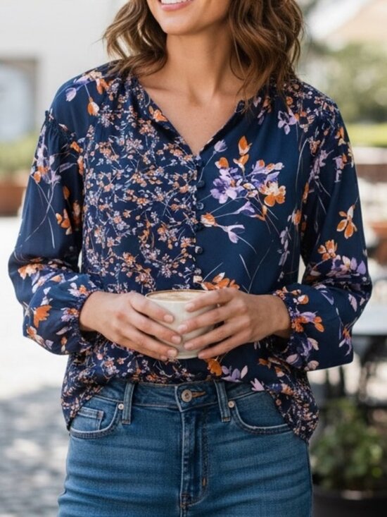 Zac & Rachel Tops - Zac & Rachel Long-Sleeve Navy Floral Blouse with Lavender & Orange Blossoms
